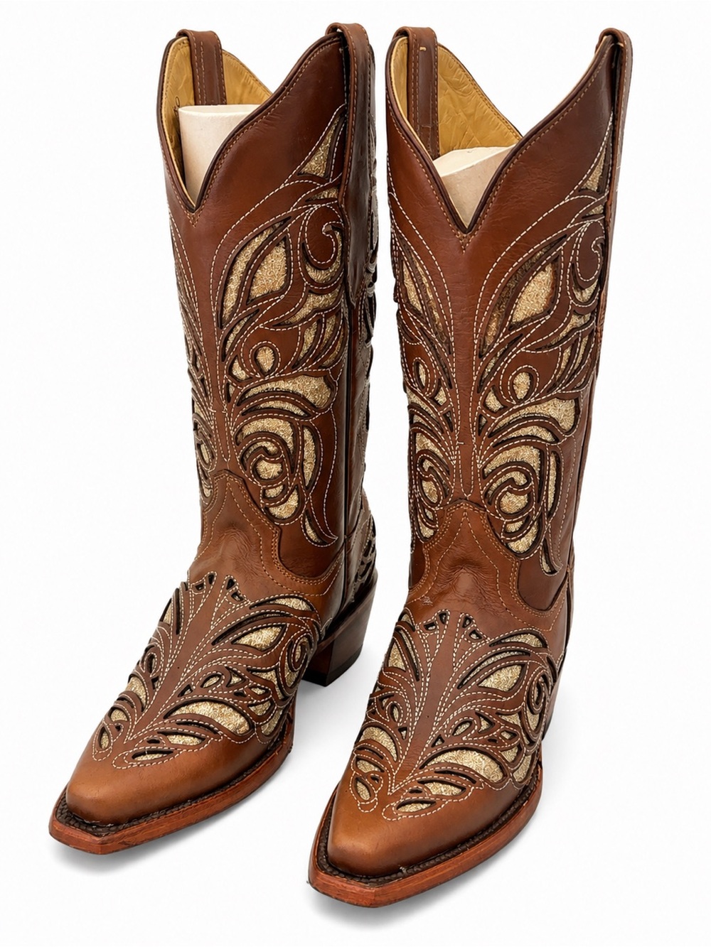 Rock’em Brown & Gold Inlay, Creme Stitch Western Cowgirl Boots